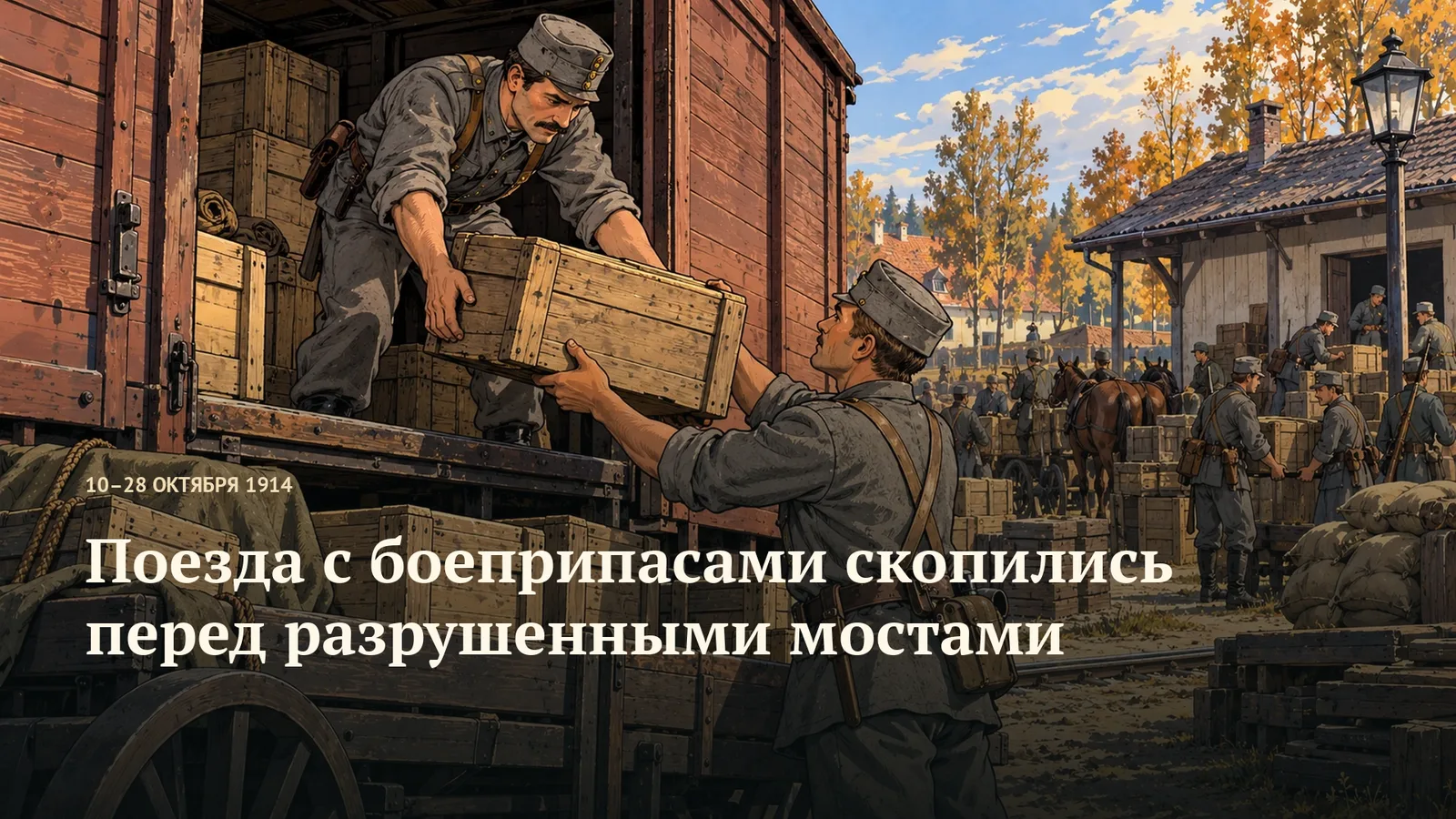 Австро-венгерские военнослужащие перегружают деревянный ящик из товарного вагона к повозке.