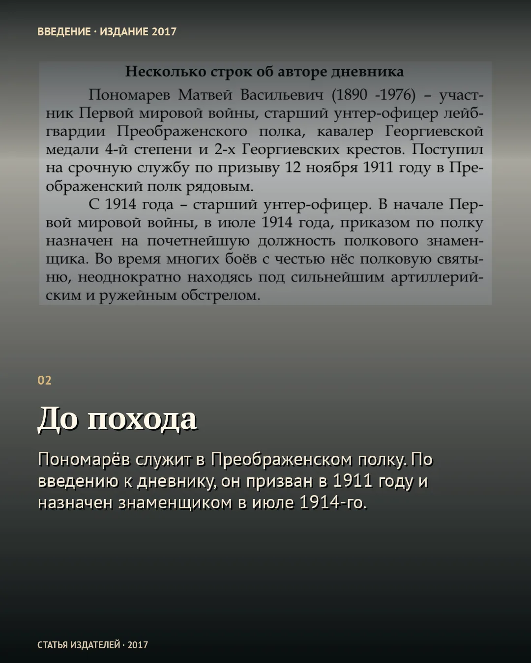 Карточка «До похода» с фрагментом биографического введения к дневнику Пономарёва, издание 2017 года.