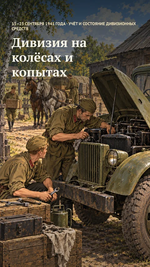 Вертикальная обложка: военные ремонтируют грузовик рядом с лошадьми и повозками.