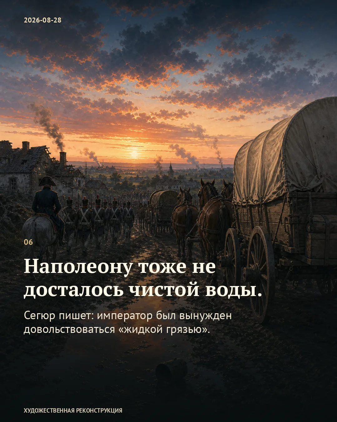 Колонна и крытые повозки; карточка о воде, доставшейся Наполеону.