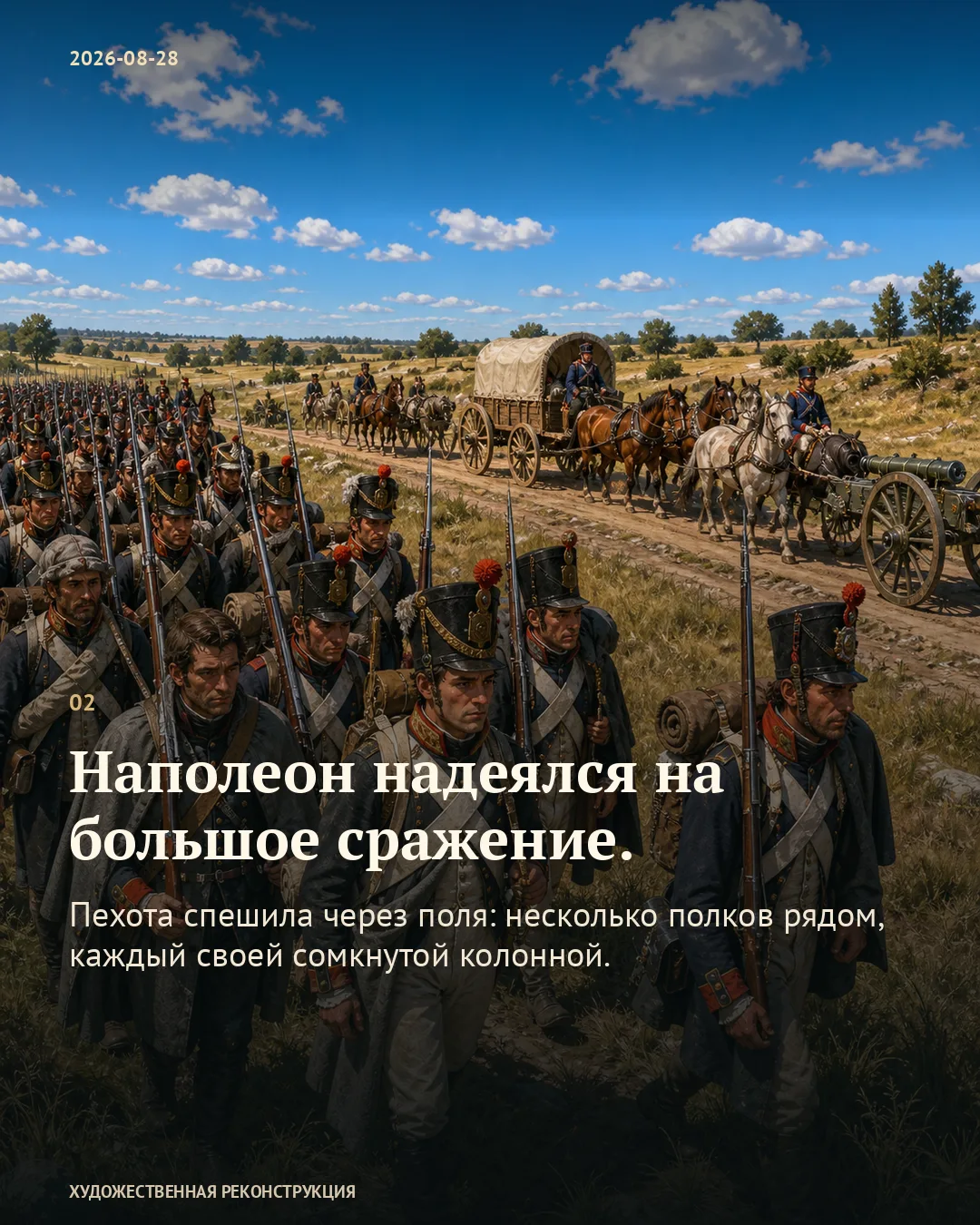 Пехота, орудия и повозки на дороге; карточка об ожидании большого сражения.