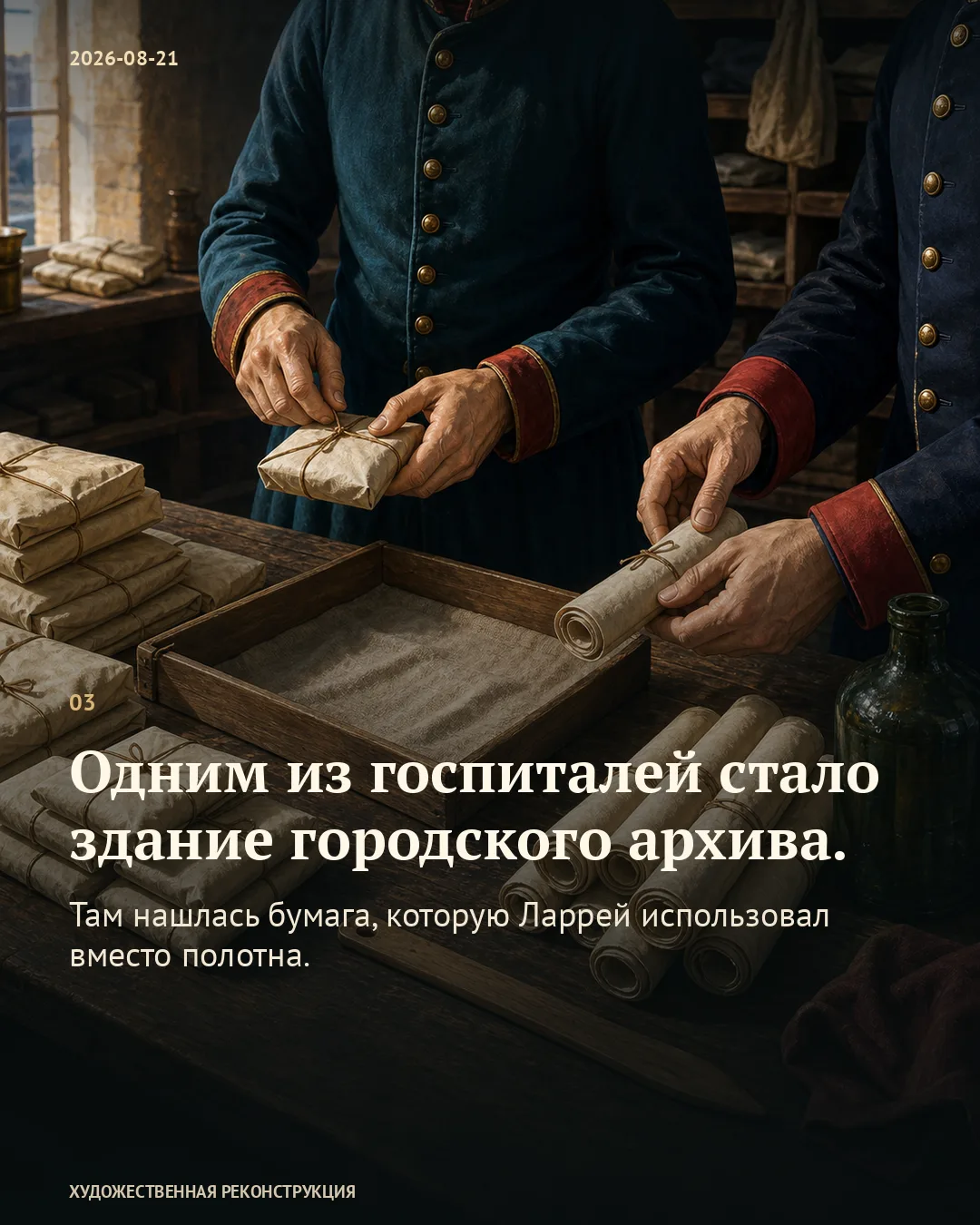 Упаковка бумаги и свёртков; карточка об архиве, ставшем госпиталем.