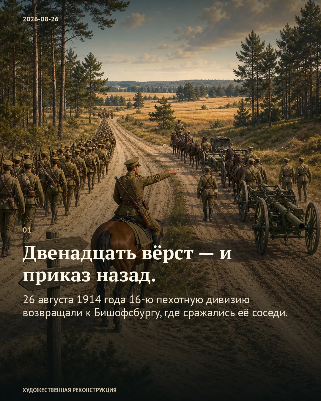 Карточка «Двенадцать вёрст — и приказ назад» на фоне пехоты, конной артиллерии и всадника у указателей.