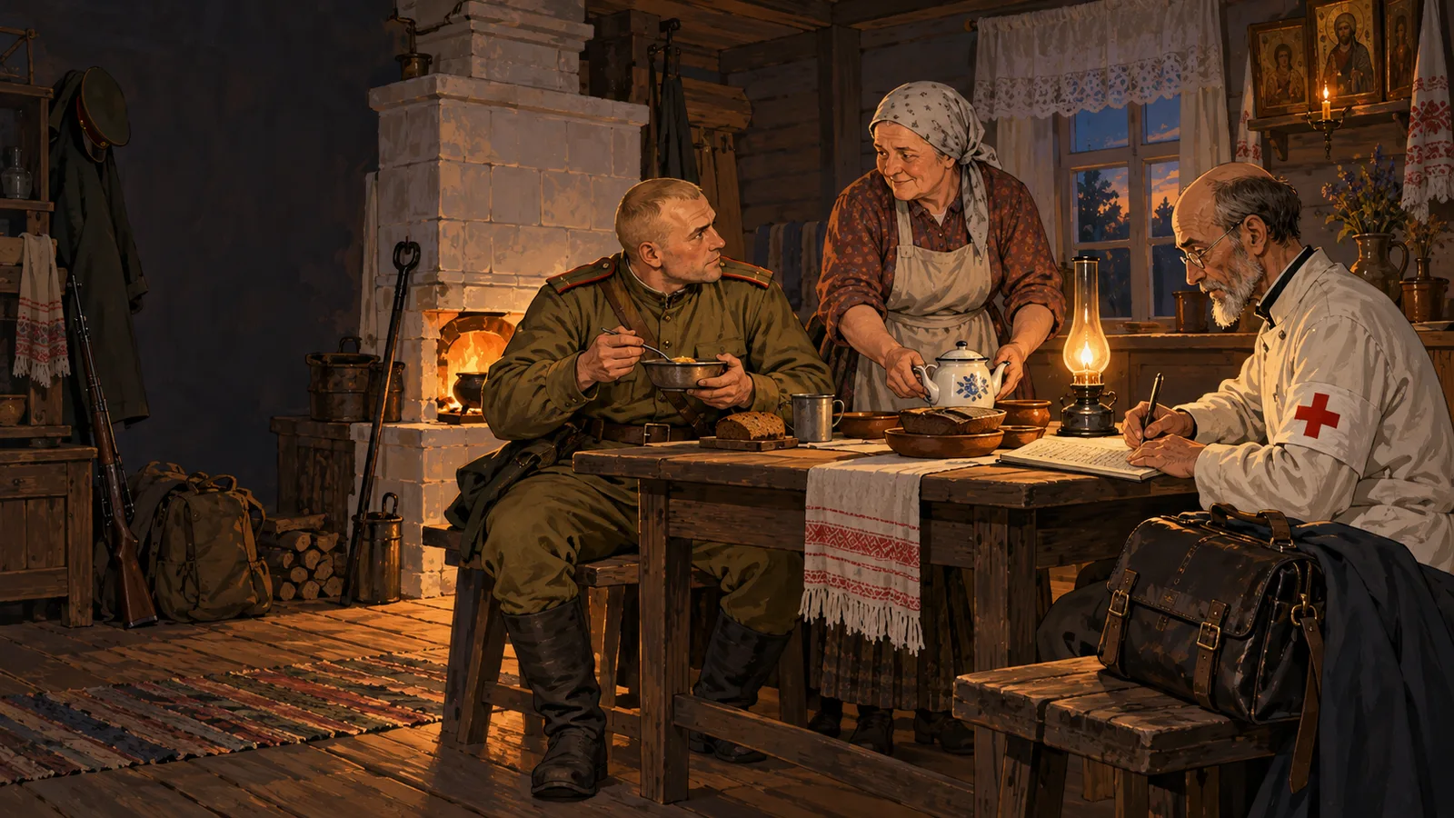 Солдат ест за столом возле печи; женщина держит чайник, мужчина с повязкой Красного Креста пишет в заполненной тетради.