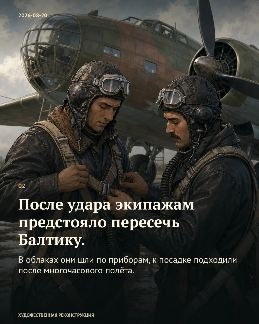 Карточка о возвращении через Балтику: два лётчика проверяют снаряжение у самолёта.
