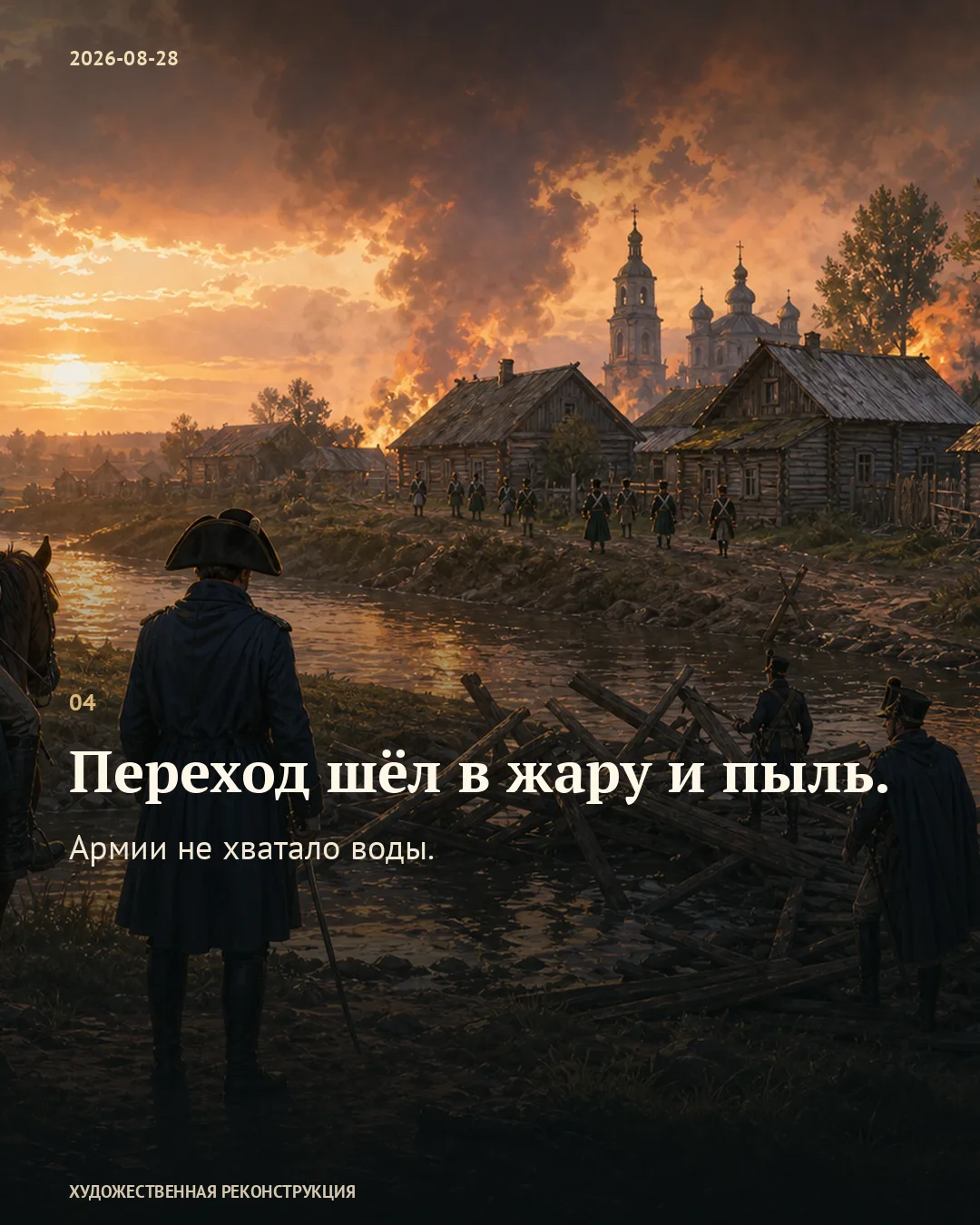 Люди у реки возле горящего селения; карточка о жаре, пыли и нехватке воды.