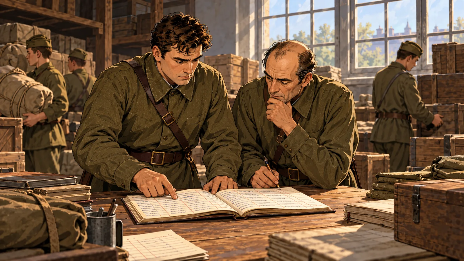 Двое военных изучают раскрытую учётную книгу на складе.