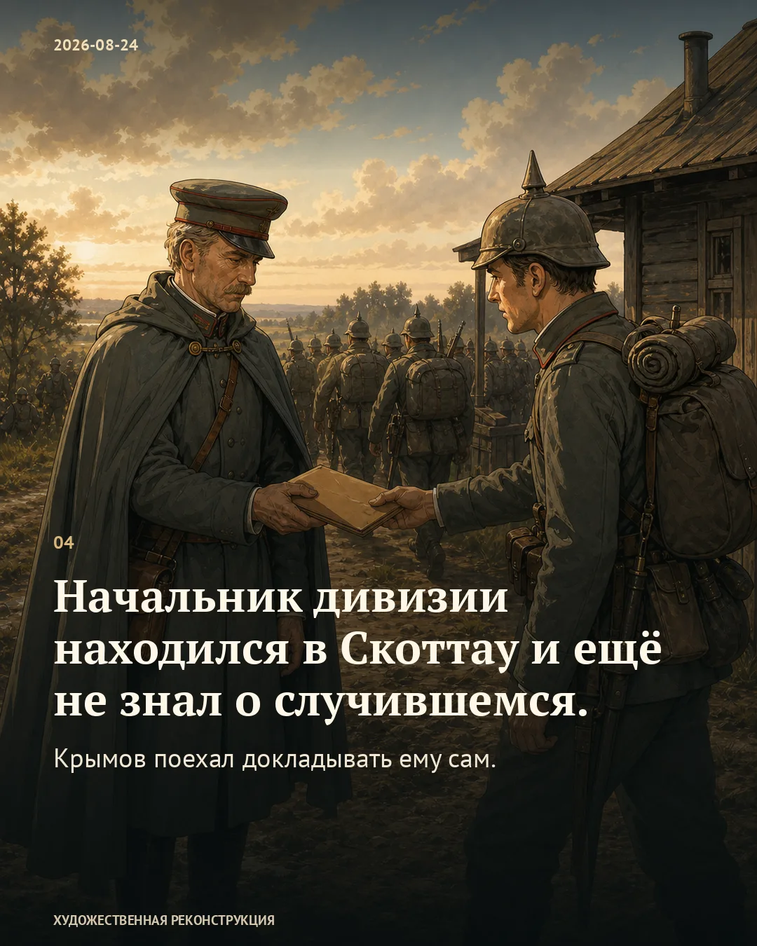 Карточка о поездке Крымова в Скоттау на фоне германского офицера и солдата, держащих закрытую папку.