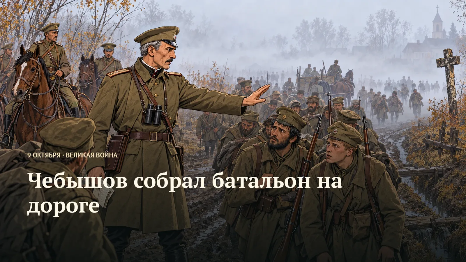 Офицер собирает солдат на грязной дороге
