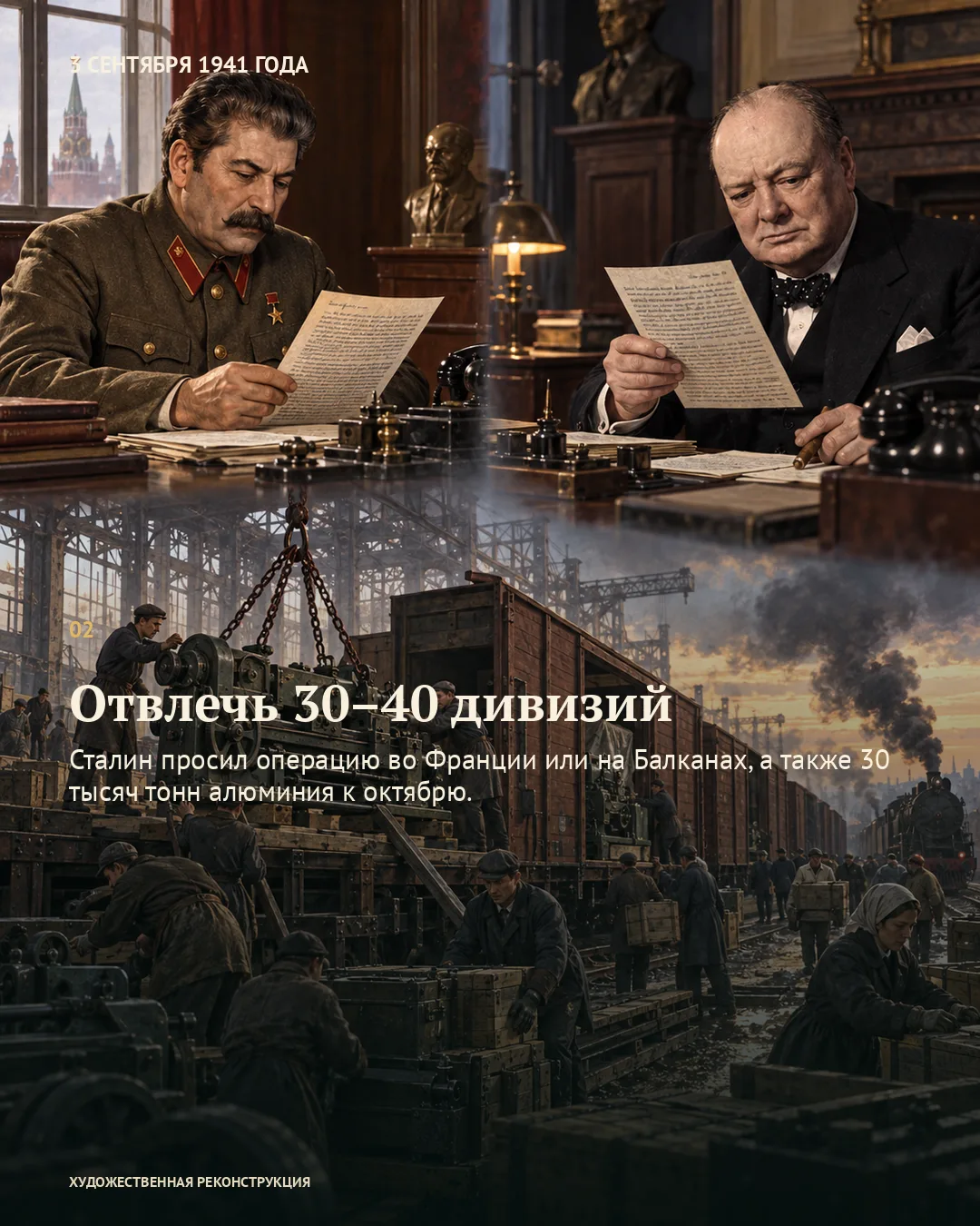 Карточка об отвлечении дивизий: рисованный монтаж руководителей с письмами и военной промышленности.