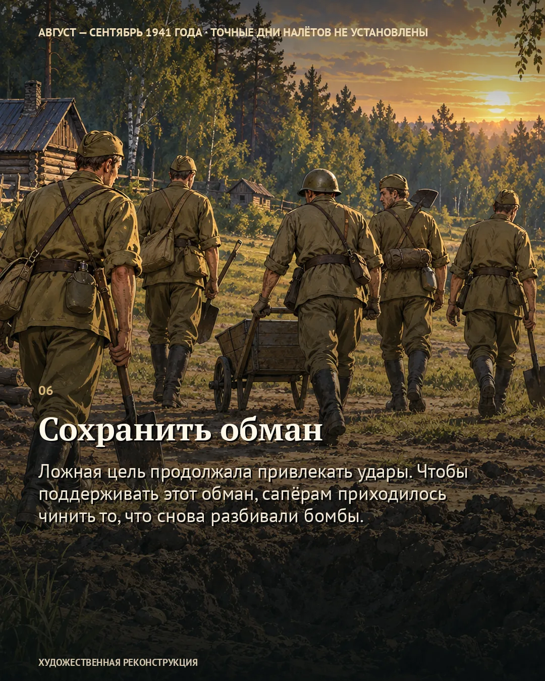 Карточка о сохранении ложной цели: бойцы с инструментами уходят с поля.