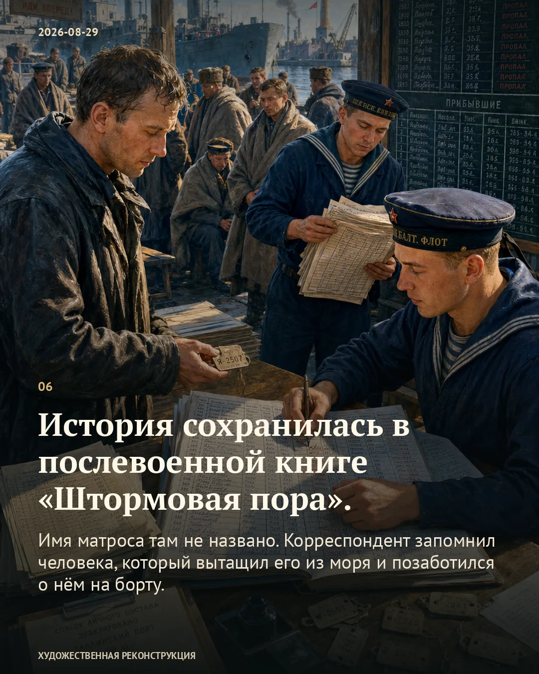 Карточка о книге воспоминаний: мужчина и моряки с документами на причале.