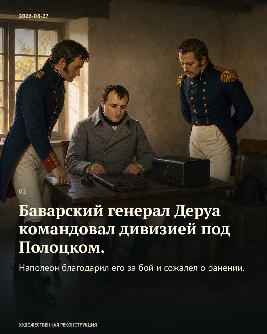 Наполеон за столом с офицерами; карточка о баварском генерале Деруа.