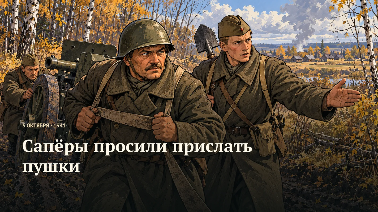 Старший боец в каске держит обеими руками брезентовую лямку поперёк груди; молодой сапёр с лопатой показывает путь открытой ладонью