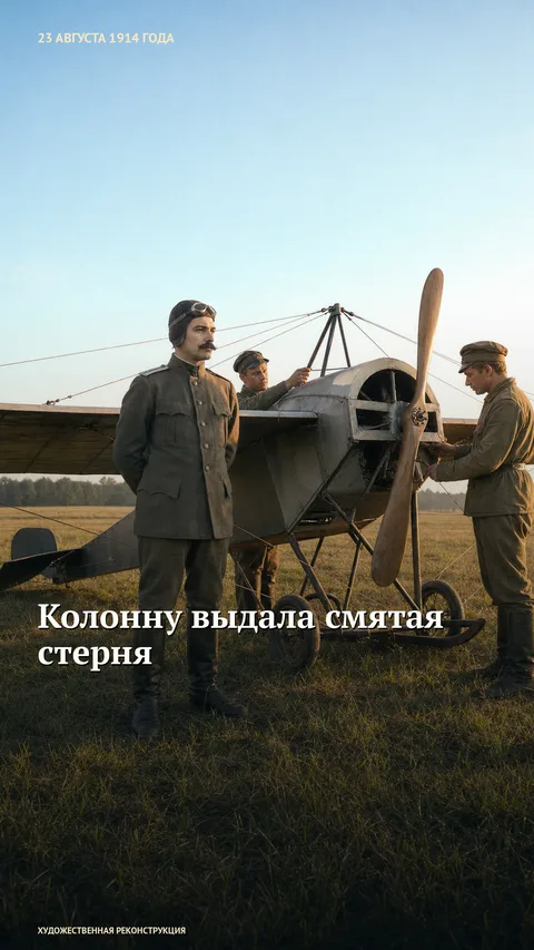 Вертикальная обложка «Колонну выдала смятая стерня»: лётчик стоит у моноплана, двое людей находятся возле кабины и двигателя.