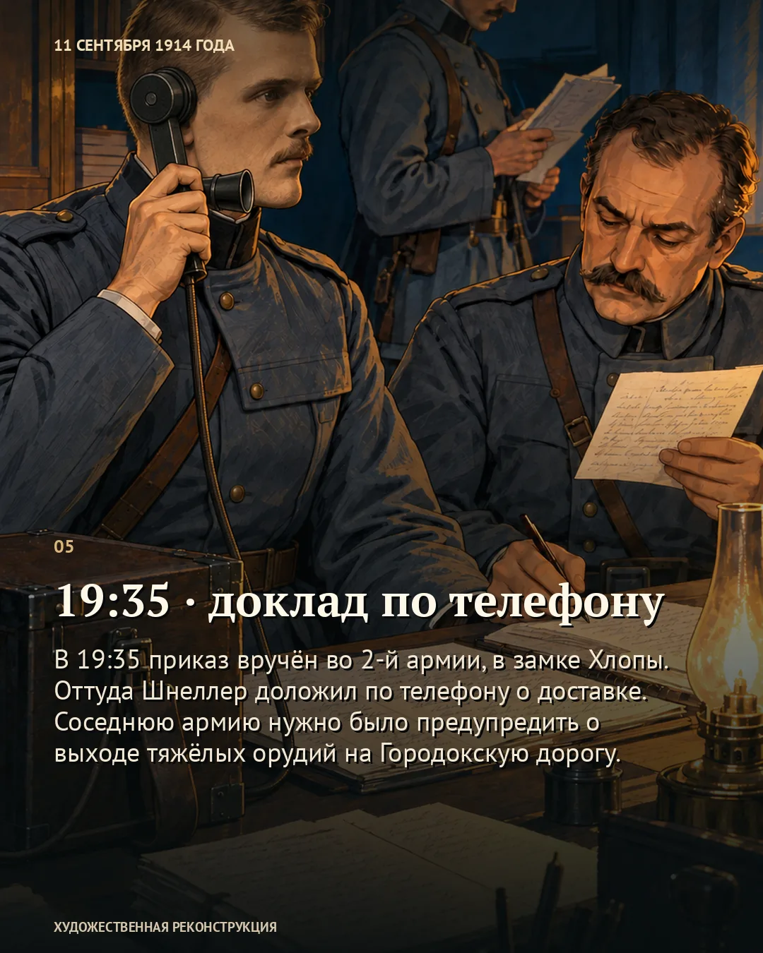Карточка «19:35 · доклад по телефону» поверх разговора по аппарату и чтения бумаг у лампы.