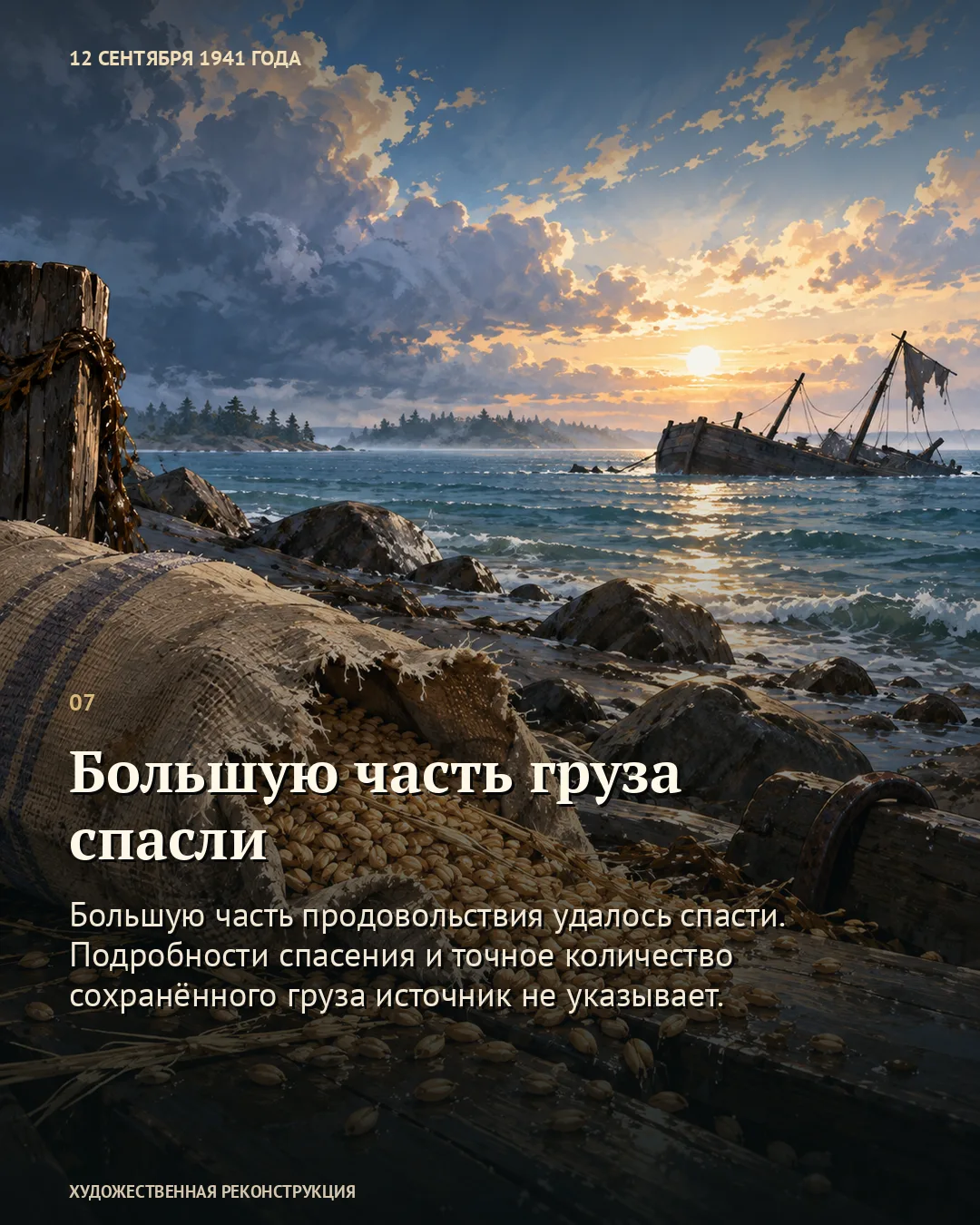 Карточка о спасённом грузе: мешки у обломков баржи на каменистом берегу.