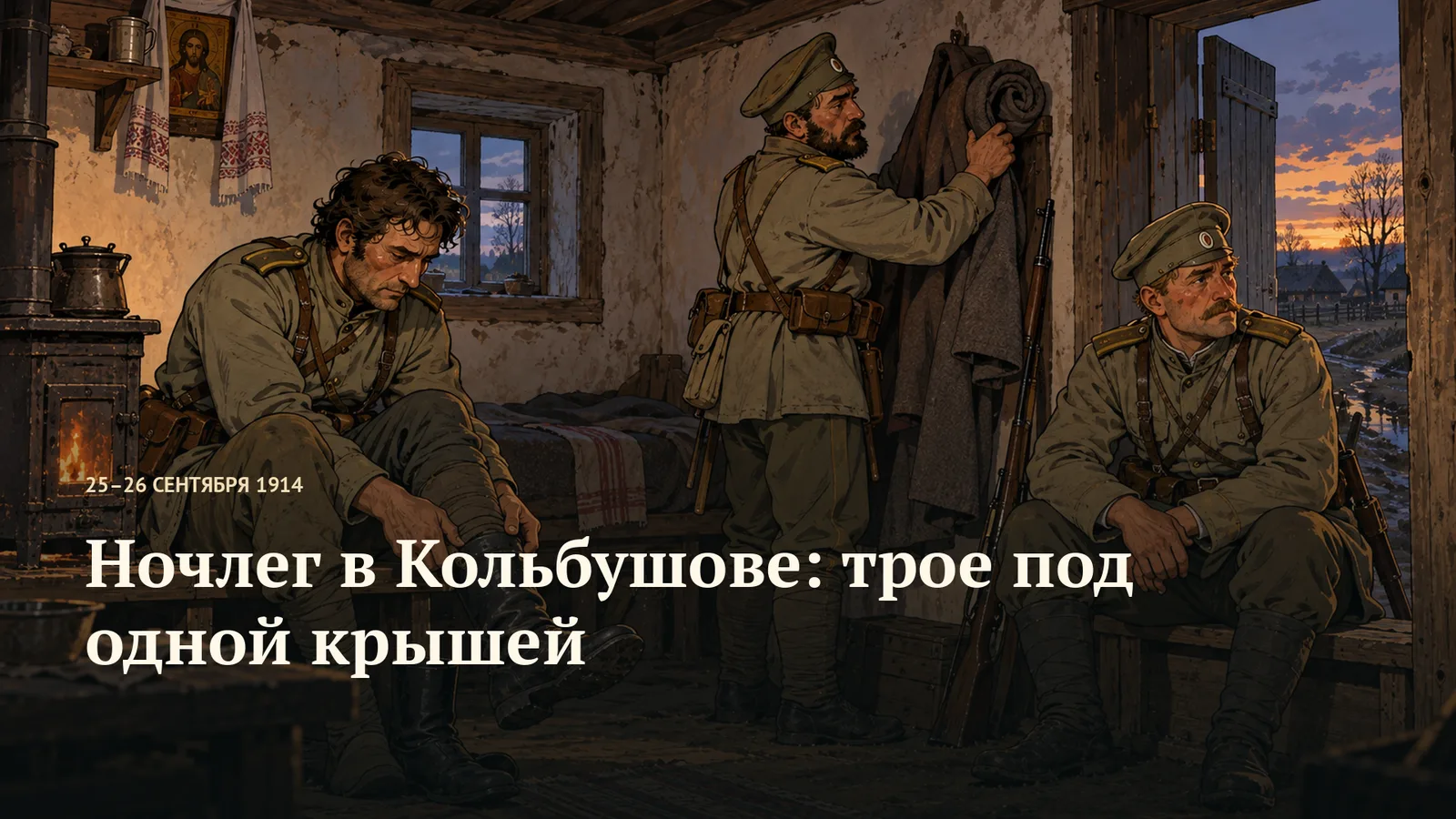 Трое военных в деревенской комнате: двое сидят, один снимает шинель