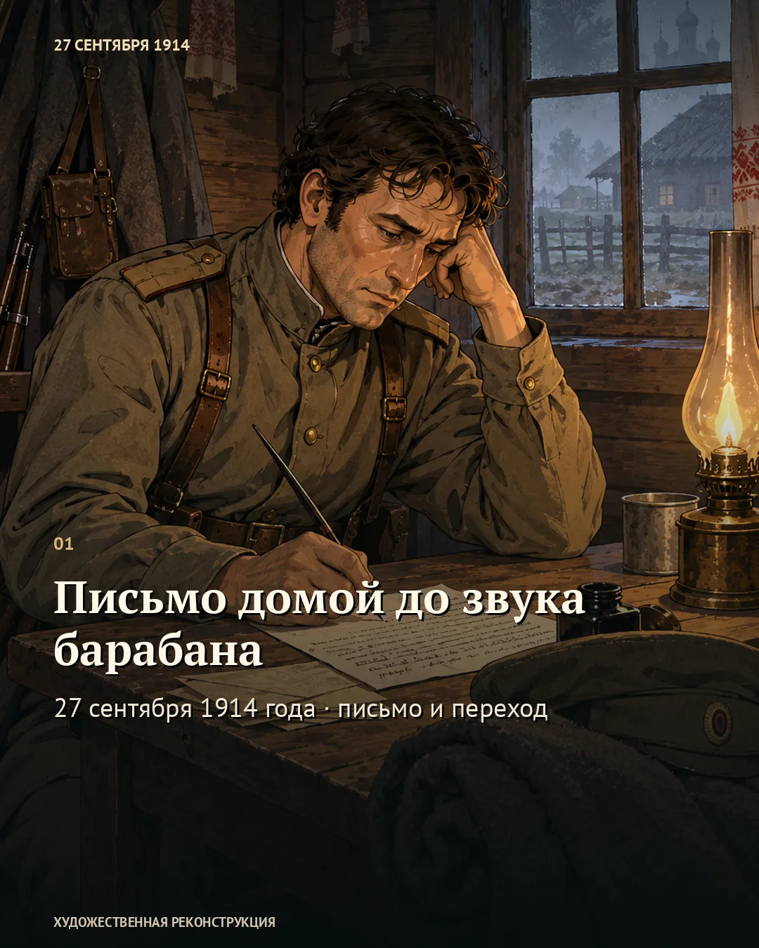 Первая карточка «Письмо домой до звука барабана» с пишущим военным