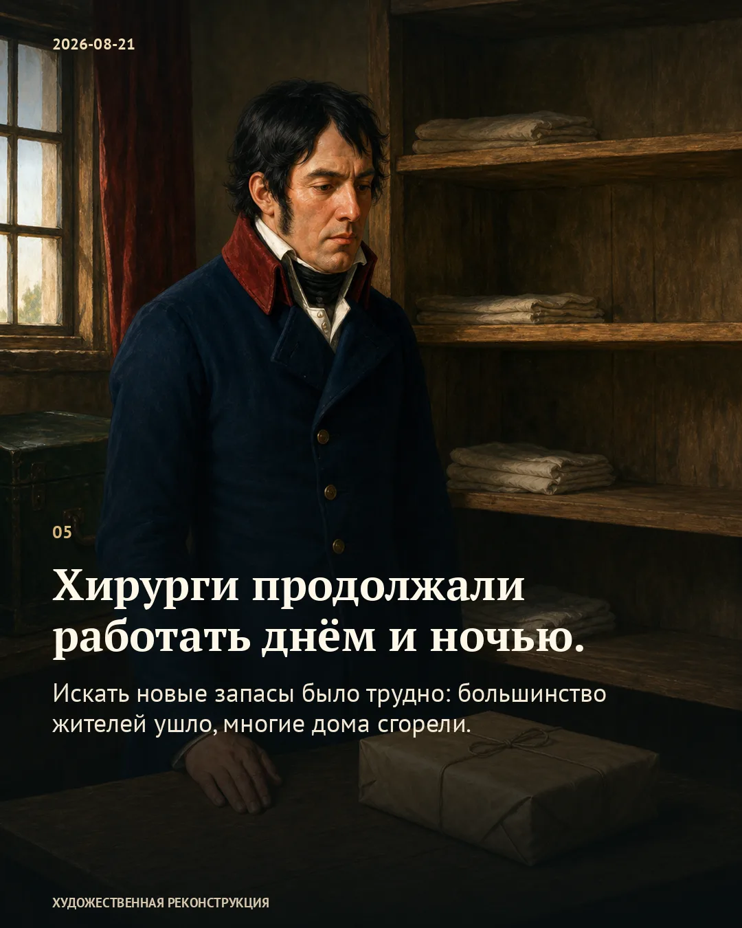 Хирург возле полок; карточка о работе днём и ночью.
