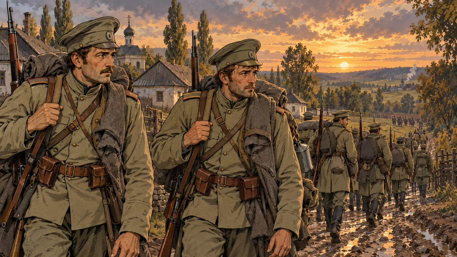 Двое военных с вещами идут по деревенской дороге перед колонной