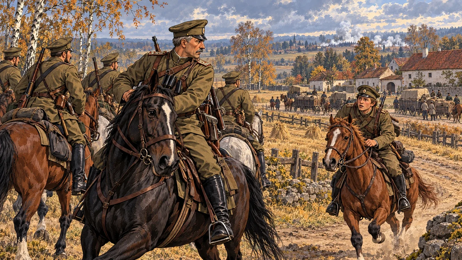 Русский конный разъезд у обоза в 1914 году. Художественная реконструкция