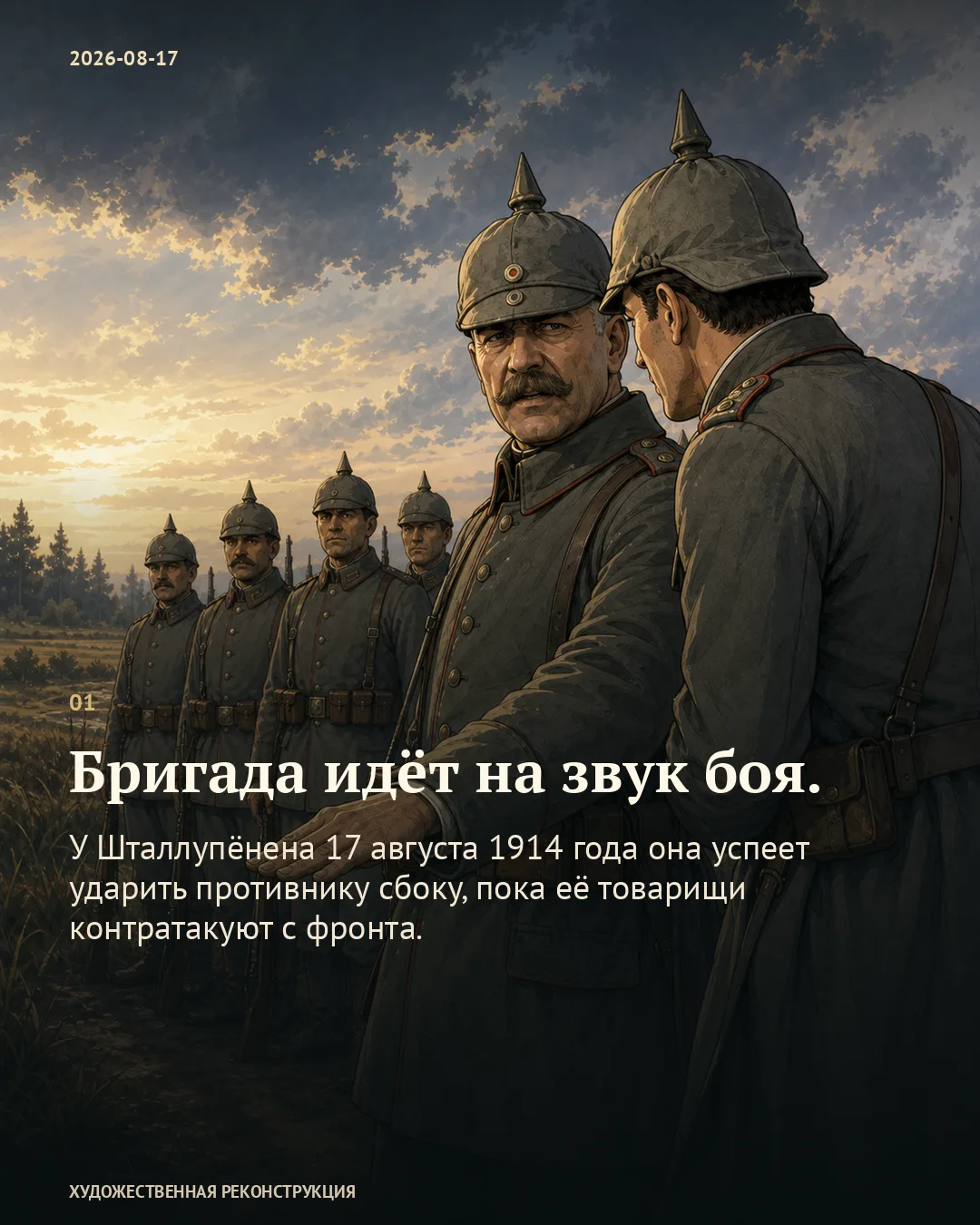Карточка «Бригада идёт на звук боя» на фоне германских военных, передающих указание жестом.