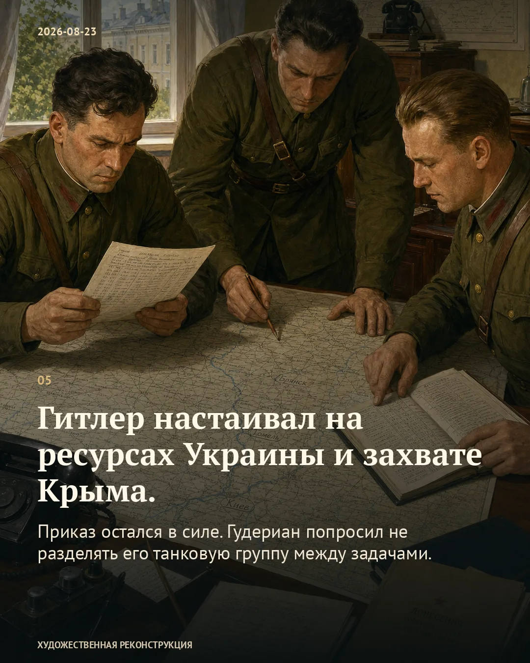 Карточка о решении наступать на юг: трое военных изучают карту.