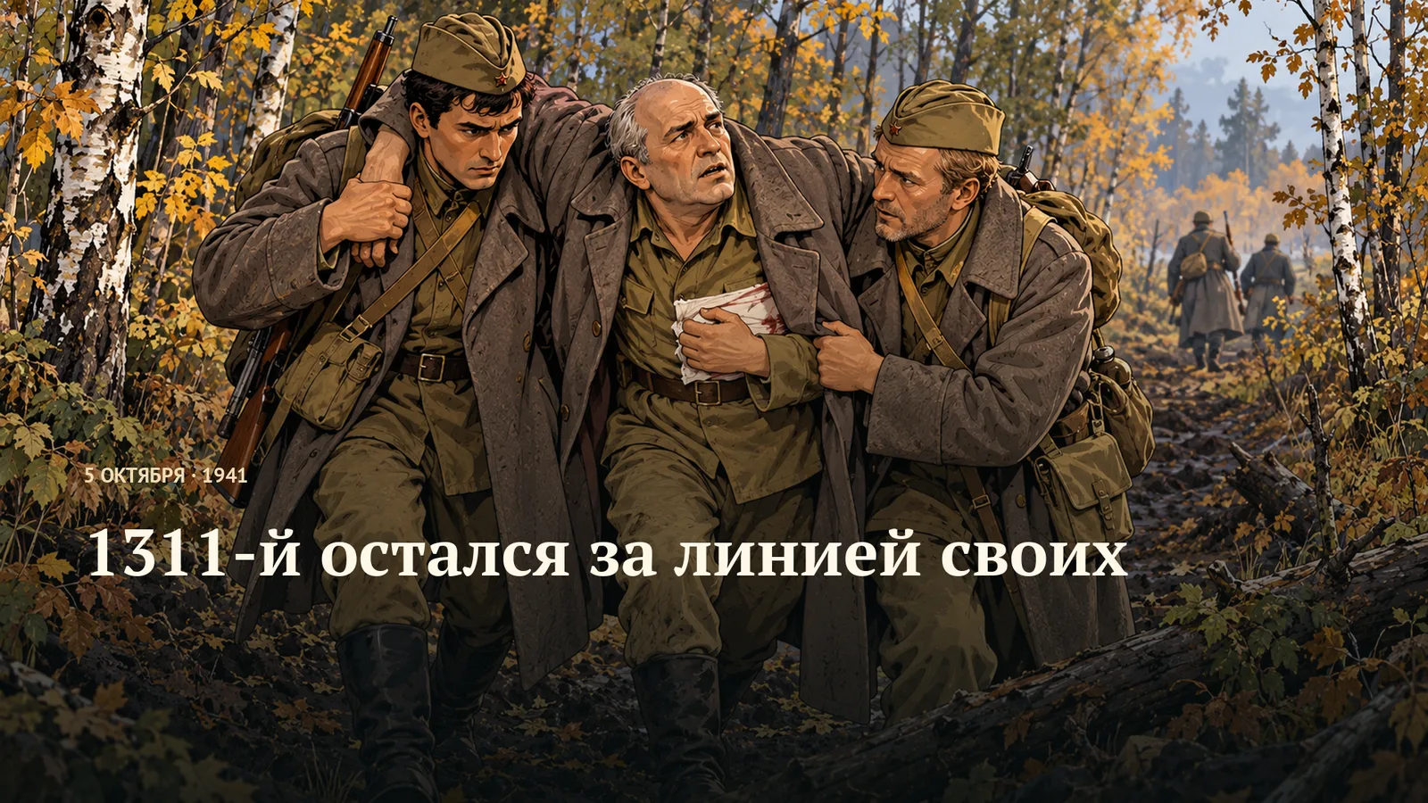 Раненого бойца с повязкой поддерживают товарищи в осеннем лесу; на горизонтальной обложке указан 1311-й полк.