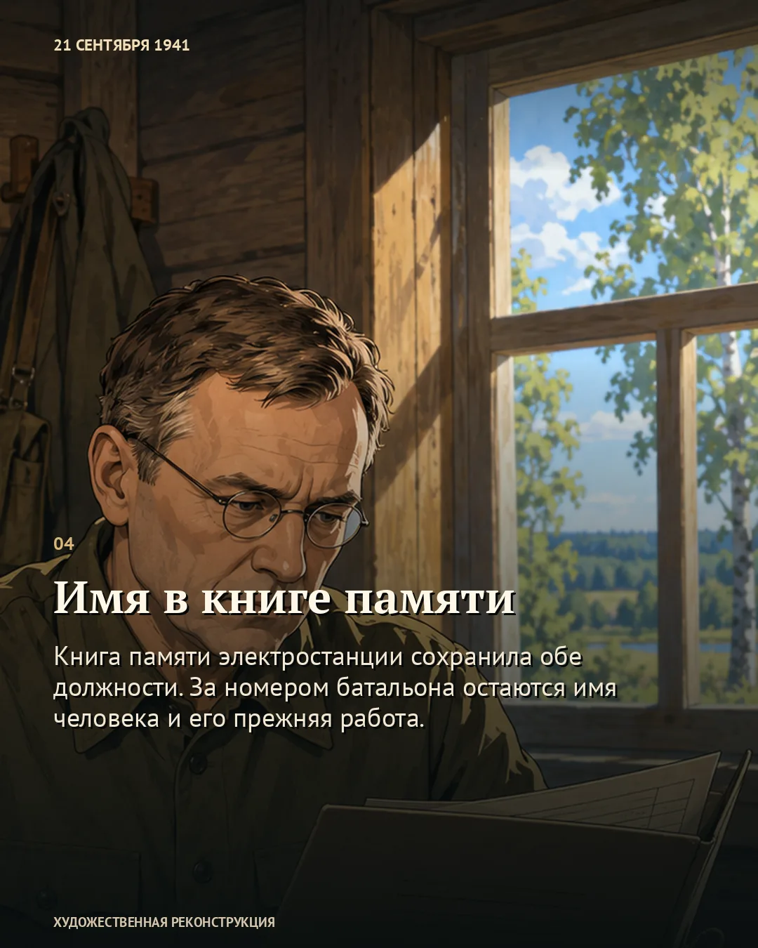 Карточка об имени в книге памяти: военный в очках читает документы.