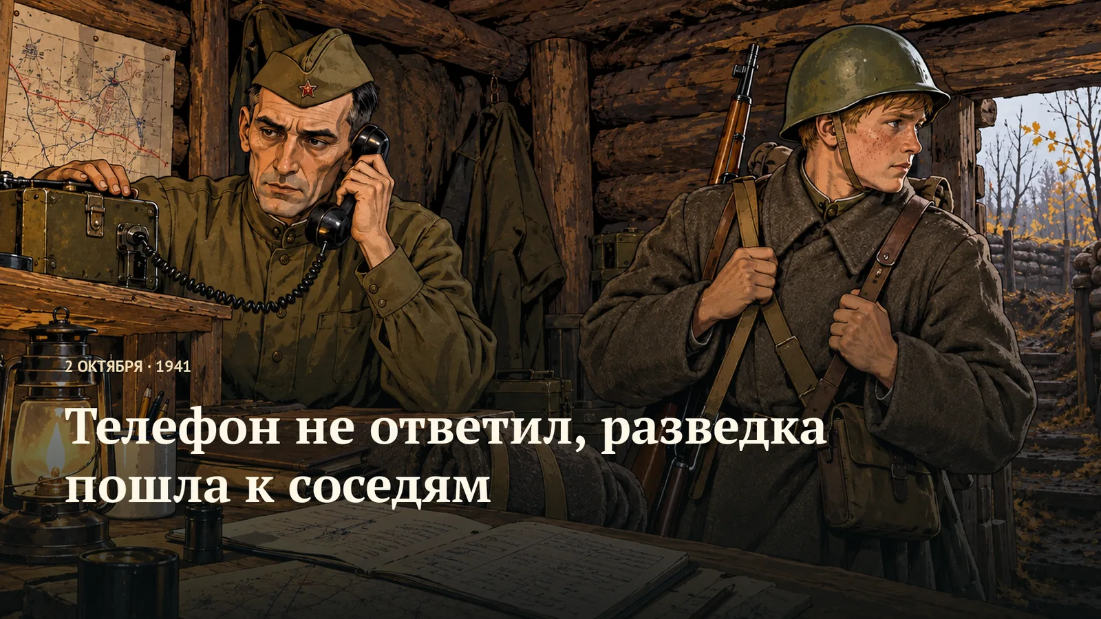 Мужчина в пилотке держит телефонную трубку у уха и верх полевого аппарата; молодой боец в каске смотрит к выходу, держа ремни винтовки и сумки
