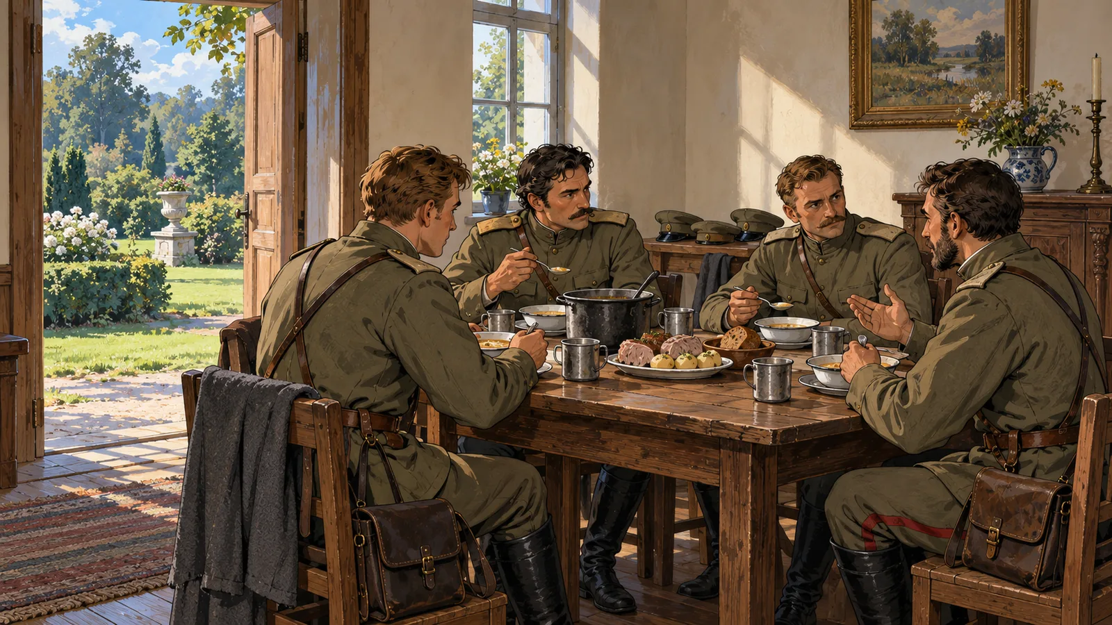 Четверо военных сидят за столом с супом, мясом, картошкой, тарелками и металлическими кружками.