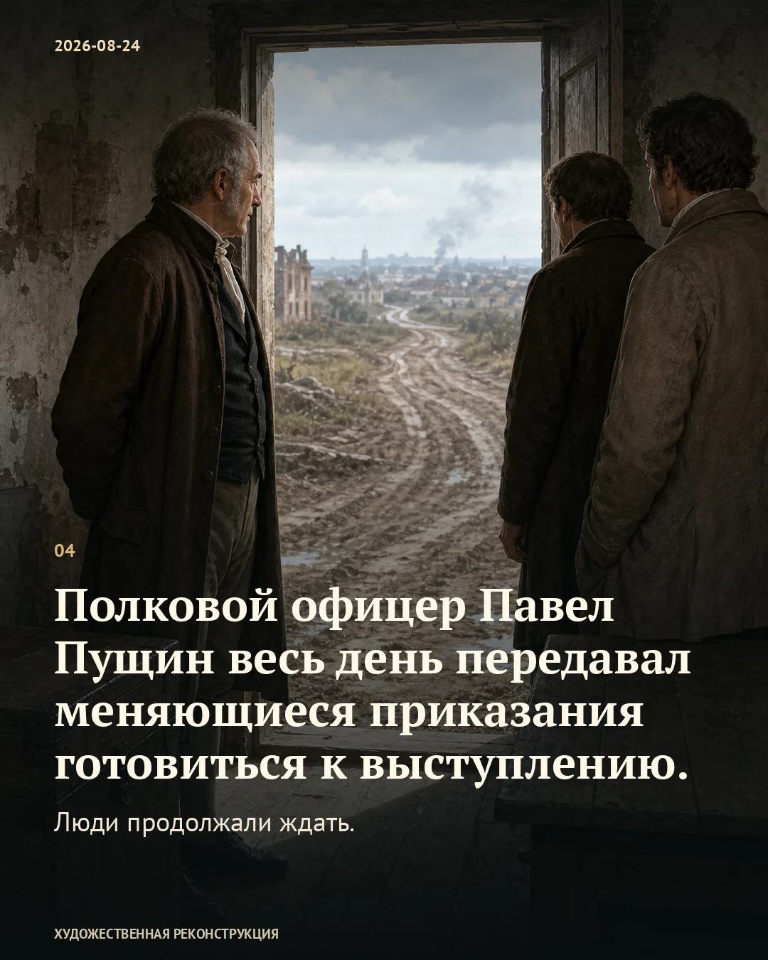 Трое мужчин у открытой двери; карточка о сменявшихся приказах, которые передавал Пущин.