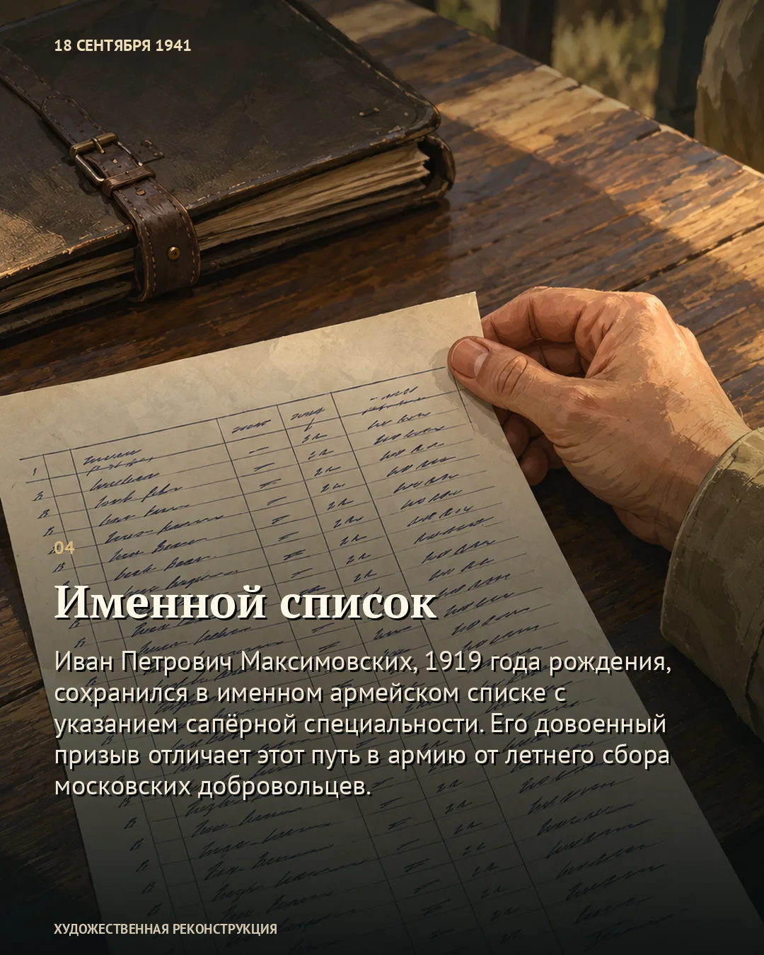 Карточка об именном списке: рисованный лист с рукописной таблицей в руке.