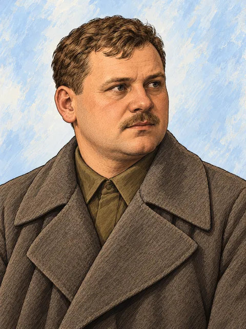 Иван Фёдорович Алёшин. Художественная реконструкция по минимальным данным. Книга памяти Мосэнерго (2017, с. 101) называет 1906 год рождения Алёшина, чин красноармейца и должность старшего писаря батальона. В сентябре 1941 ему 34–35 лет, точная дата рождения неизвестна; выбран видимый возраст 35. Портрет и индивидуальные приметы в просмотренных материалах не установлены. Лицо, волосы и цвета художественные.