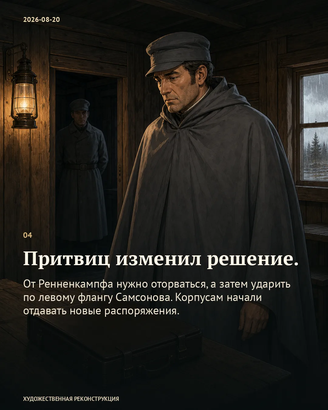 Карточка об изменении решения Притвица на фоне военного в накидке у закрытого портфеля.