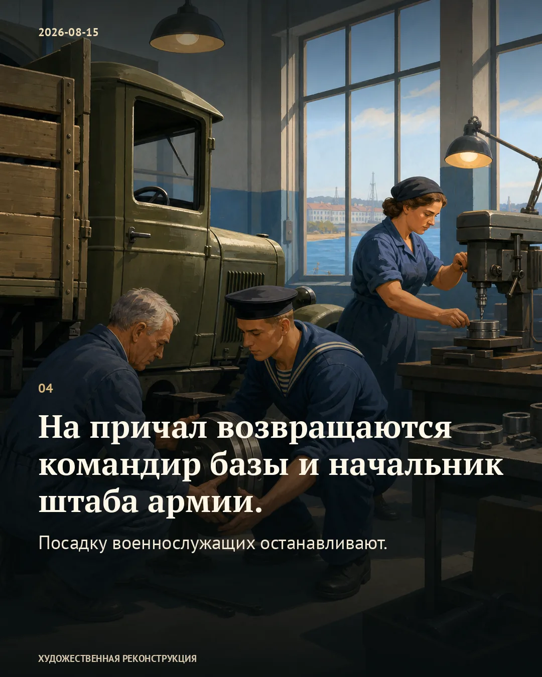 Карточка об остановке посадки: рабочие и моряк в мастерской у грузовика.