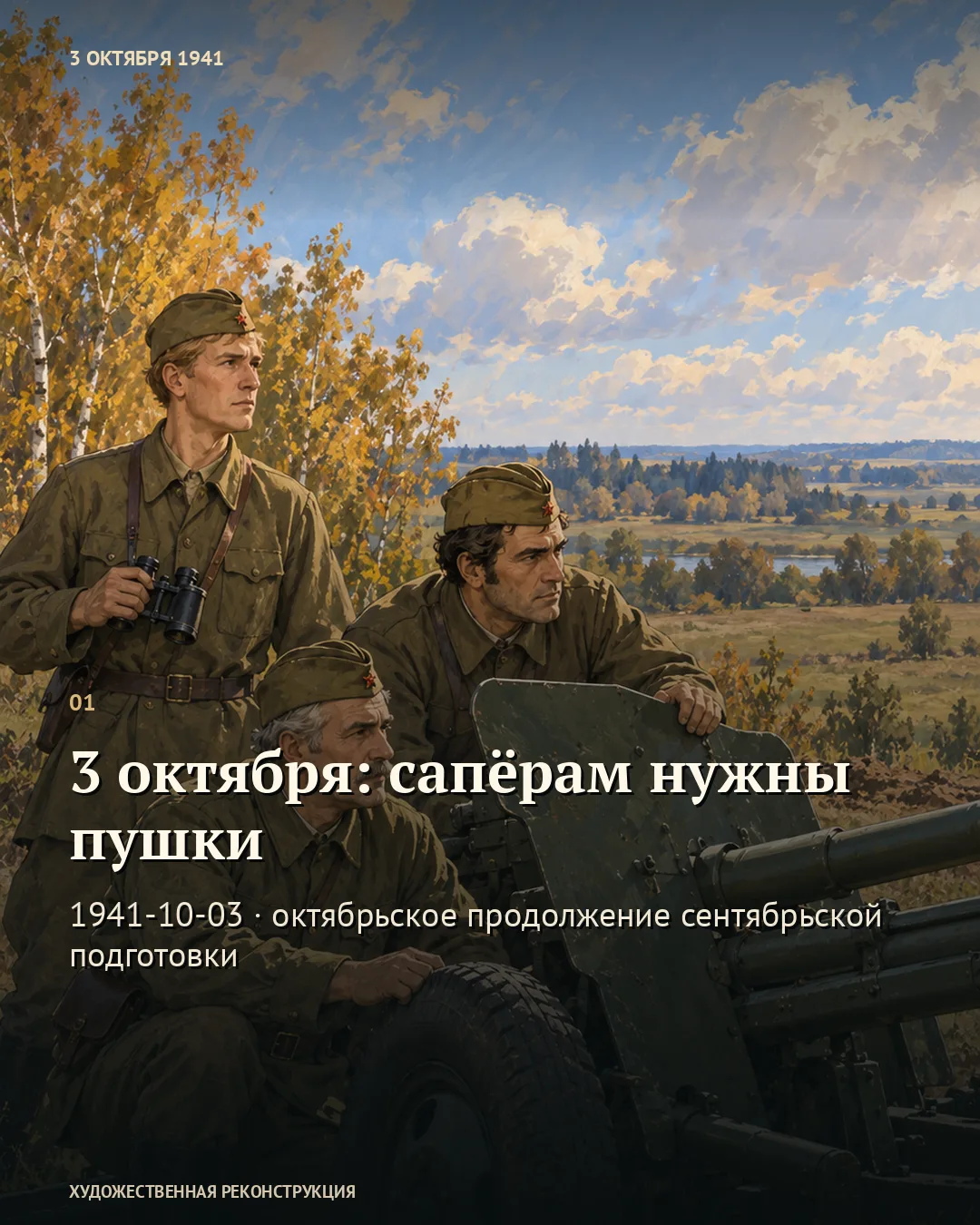 Карточка о пушках для сапёров: бойцы у полевого орудия.