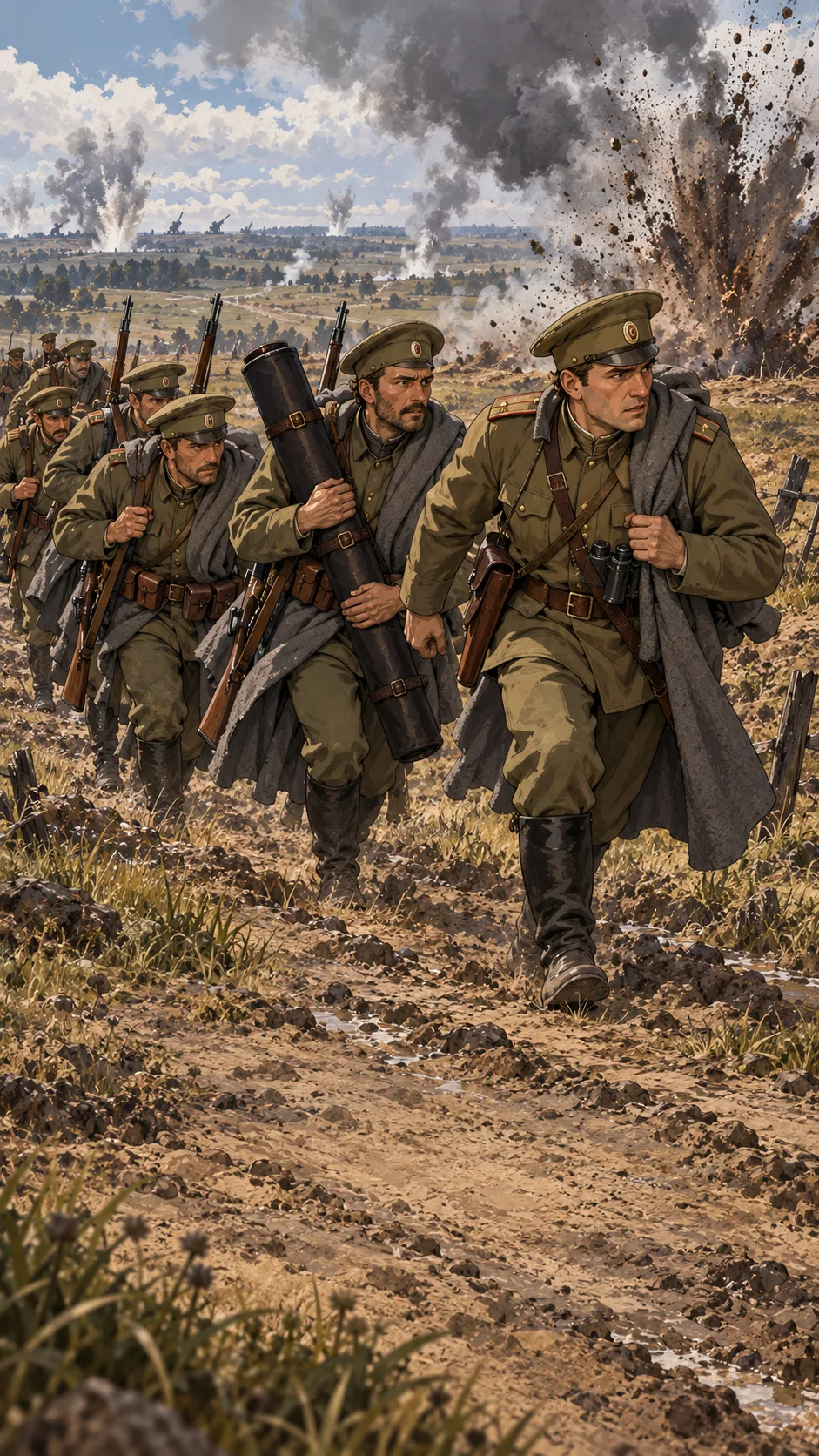 Перенос закрытого знамени к тринадцатой роте под обстрелом 7 сентября 1914 года. Расстановка и анонимные лица реконструированы по дневниковой записи.