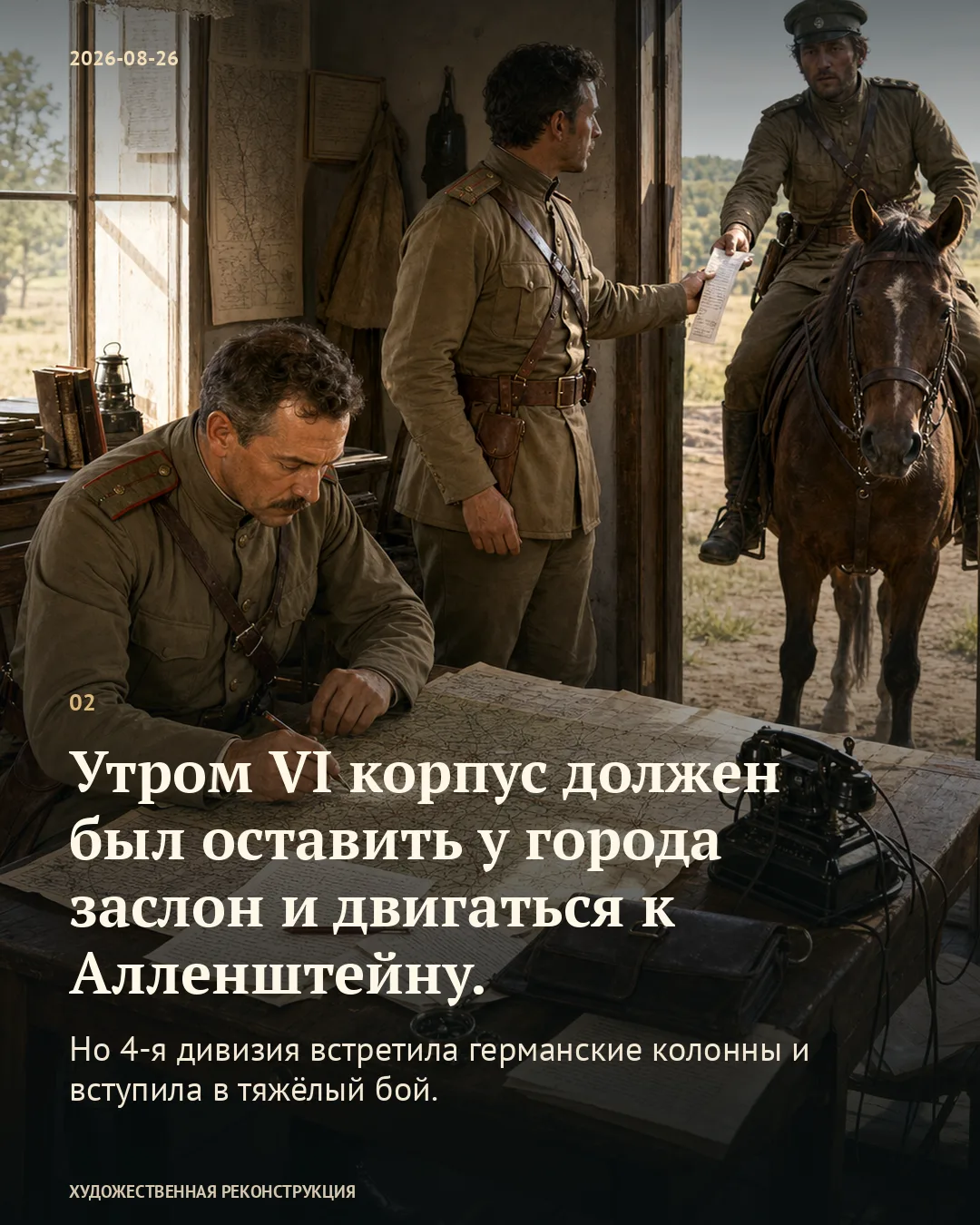 Карточка о заслоне у Бишофсбурга и движении к Алленштейну на фоне военных с сообщением у штабного стола.